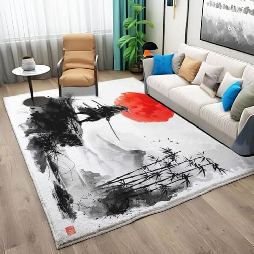 Alfombra antideslizante para sala de estar, 60 x 90 cm, estilo japonés, pintura a tinta, alfombra samurái de sol rojo, alfombra rectangular lavable a máquina, alfombras suaves de pelo bajo para