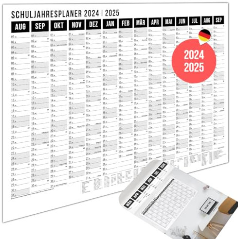 heaven+paper Schuljahresplaner 2025/2026 A1 Wandkalender Semesterplaner gefaltet mit 14 Monaten Kalender 2025 2026 Wandplaner im Querformat mit Feiertagen, Schulferien (Black, Querformat)
