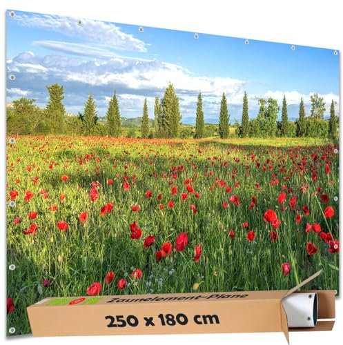 TRIOSK Sichtschutz Garten Deko Zaun Plane Blickdicht groß mit Zaunblende Motiv Mohnblumen Wiese für Zaunelement Doppelstabmatten Stabmattenzaun Gartenzaun PVC 250x180 cm