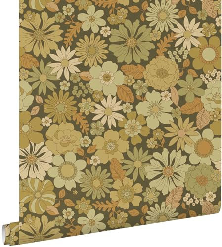 Esta Home Tapete Retro Blumen Olivgrün 50 x 900 cm
