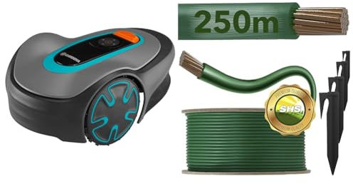 Gardena Mähroboter SILENO minimo 250 m² & 250m Begrenzungskabel + 750 Erdspieße für Mähroboter Rasenmäher Rasenroboter Zubehör Set