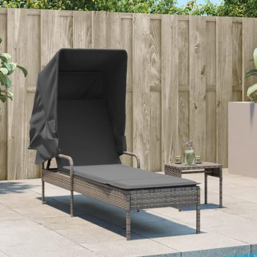 Homgoday Sonnenliege mit Dach Gartenliege mit4-fach verstellbare Rückenlehne Relaxliege Strandliege Gartenmöbel Liegestuhl Garten Balkon Terrasse Grau Poly Rattan