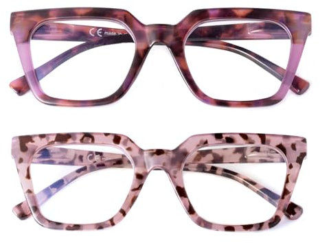 SKYWAY 2 Pack Groß Lesebrille für Damen, Stilvolle übergroße Blaulichtfilter Computerbrille mit Federscharnier, Lesebrille 1.0,Rosa Schildpatt/Lila Schildpatt