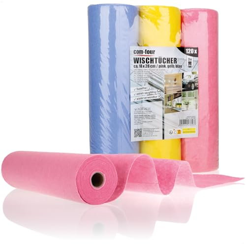 com-four® 120x Haushaltstücher auf Rollen in 3 Farben - extrem saugfähige und strapazierbare Reinigungstücher aus Viskose - Wiederverwendbare Allzweck-Wischtücher (18x28-120 Stück - Rolle)