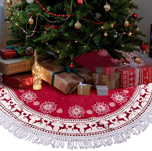 UNOLIGA Jupe de Sapin de Noel Rouge, Cache Pied Sapin de Noel 97cm, Tapis Sapin Noel, Couvre-Pied de Sapin, Tour de Sapin, Dessous de Sapin de Noël, avec Gland Élans en Flocon de Neige