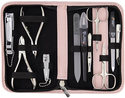 DREI SCHWERTER - Germany 10-tlg. Maniküreset 'Spezia' | Nagel Etui in rosa Kunstleder | Inhalt: Nagelschere, Hautschere, Nagelzange, Pinzette, Glasnagelfeile uvm