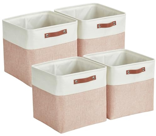 Mangata Collapsible Storage Cube Boxen, 28CM Cube Leinen gewebt Stoff Lagerung Körbe mit Ledergriffen 4PCS(Pink und Weiß)