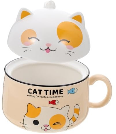 QWFVHJ Ceramic Instant Noodle Bowl,Microwave Noodle Bowl,Cat Instant Noodle Bowl Food Bowl Large Capacity Rice Bowl Soup Bowl Kitchen Supplies Adorable Bowl(Yellow)