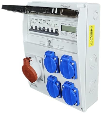 RoadEu Wandverteiler Baustromverteiler mit Stromzähler. CEE Steckdose 16A und 4x Schuko 230V. Stromverteiler mit Zähler und Leitungsschutzschalter. Komplett verdrahtet.