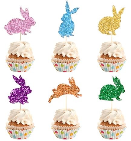 Solvica 12Pcs Multicolored Easter Cake Toppers & Decorations, Bunny Ear Cupcake Picks, Happy Easter & Birthday Party Supplies
