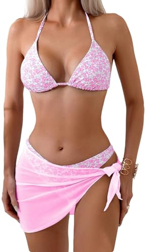GORGLITTER Triangel Bikini Mit Rock Damen Set 3 Teilig Bikini Mit Blumen Hawaii Neckholder Badeanzug Mit Cover Up Rock Süß Bademode Swimsuit Rosa S