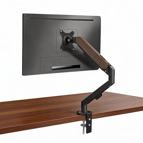 HILLPORT Wood Monitor Arm for 17-34 inch Screens, Stable Gas Spring Single Monitor Arm Desk Mount with Wood Grain Finish, Fully Adjustable VESA Mount 75/100mm, Holds 2-9kg, C-Clamp/Grommet Base