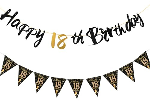 18 geburtstag deko - Banner, deko 18. geburtstag junge und mädchen, Schwarz Gold Geburtstagsparty 18. Jahre alt Pull Flag Wimpel für Mädchen und Jungen 18 Jahre (18)