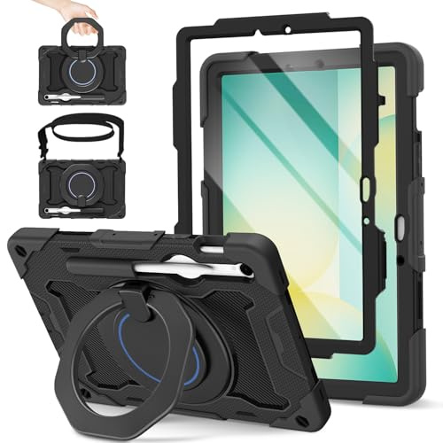 ROISKIN für Samsung Galaxy Tab S10 Lite/S10 FE /S9 FE 10.9 2025/2023 & S9 11 2023 Hülle,Heavy Duty Stoßfeste Kinder Hülle mit Displayschutz,Drehbarer Ständer,Schultergurt und Stifthalter,Schwarz