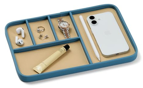 Nordik Leather Valet Tray - Large EDC Tray - Nordik Blue 30 x 20 cm | Premium Vegan Leather with Two-Toned Design, With Five Compartments, Nightstand & Catchall Tray for Keys Watch and Jewellery