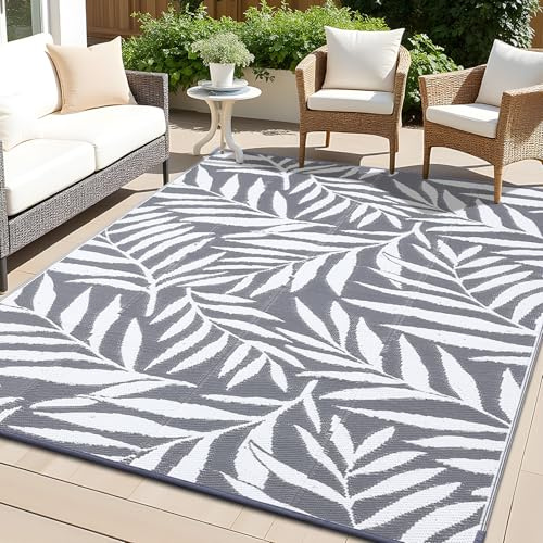 smiry Outdoor Rug Waterproof Large Garden Rugs UV-Resistant Outside Patio Carpet Reversible Plastic Straw Mat for Balcony, Camping, Picnic, Backyard- 240 x 300 cm, Grey & White - Leaf