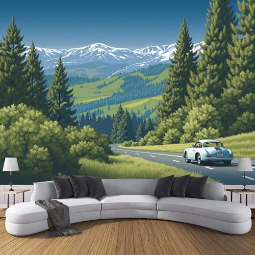 Alpen Seide Tapete 250x175cm Fototapete Retro Forest Wandtapete XXL Wandbild Moderne Wanddeko für Wohnzimmer Schlafzimmer Fernseh Hintergrund, Grün