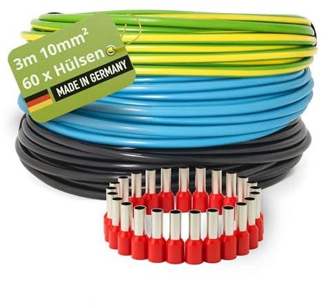 INVOLT H07V-K Verdrahtungsleitung 10mm² Set, 3x3m Kabel, 60 Aderendhülsen | Einzeldrähte in Schwarz, Blau, Grün-Gelb VDE-zertifiziert, Made in Germany