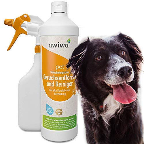 awiwa® pet Mikrobiologischer Tier-Geruchsentferner Konzentrat – gegen Tierurin Geruch & Flecken, für Hund Katze Haustier, geruchsneutralisierend (1 Liter + 600ml Sprühflasche)