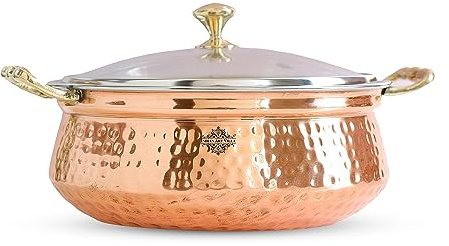 Indian Art Villa Donga-Schüssel aus gehämmertem Stahl, Kupfer, mit Glasdeckel, Serviergeschirr und Geschirr, 2000 ml