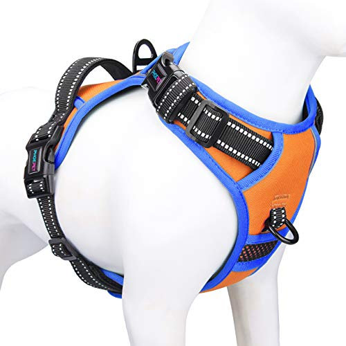 PHOEPET 2019 Anti-Zieh-Hundegeschirr für kleine Hunde, reflektierend, verstellbar, mit Clip an der Vorderseite, Weste mit Griff, 2 Metallringe, 3 Schnallen, einfach an- und auszuziehen (S, Orange)