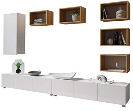 Wohnwand Calabrini XXXVII, Mediawand, Anbauwand, Hängeschrank, 2X TV Schrank, 5X Wandregal, Wohnzimmer-Set, Wohnzimmerschrank (Weiß/Weiß Hochglanz + Eiche Gold)