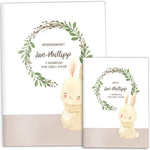 OLGS U-Heft und Impfpasshüllen Set | Cute Forest Hase | Baby Hüllen für Untersuchungsheft & Impfpass | Schöne Geschenkidee personalisierbar mit Namen und Geburtsdatum (Uheft Set personalisiert)