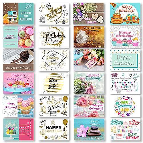 Domelo Geburtstagskarten 24er Set mit Umschlag, Happy Birthday Postkarten, Kraftpapier Karten zum Geburtstag, Geburtstagskarte für Mann/Frau/Kinder, Postkarte als Grußkarten (Set 1)