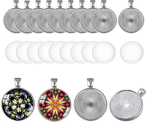 HERZWILD Runde Lünette Anhänger Tabletts, Legierung Blank Lünette Anhänger Tabletts Durchmesser mit transparentem Glas (white K)