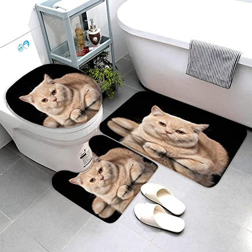 AOLIGL 3-Teiliges Mikrofaser Badvorleger-Set Duschmatte + Kontur Matte + WC-Deckelbezug rutschfeste Badvorleger für Dusche und Toilette Katze Niedlich Tier Badvorleger 3D-Druck
