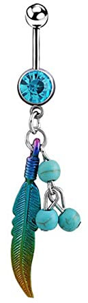 BCughia Piercing Bauchnabel, Bauchnabelpiercing Silber Silber Edelstahl 14G Bauchnabelpiercing Damen Blau Rund Zirkonia Federtürkis Design 40mm