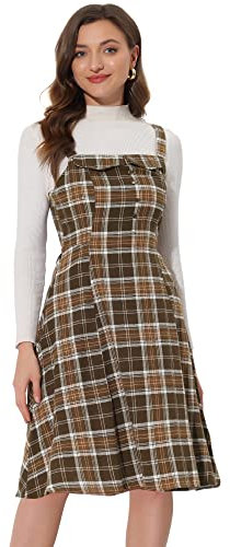 Allegra K Robe mi-Longue Vintage sans Manches de Boutons à Carreaux de Noël pour Femme Marron XS