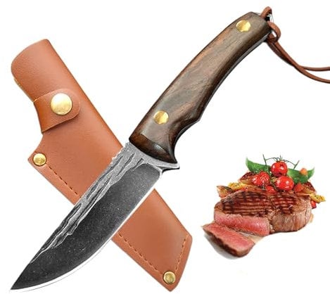 Fubinaty Chef Knife 4 Inch BBQ Knife Handmade Forged Meat and Fruit Knife High Carbon Steel Small Kitchen Knives with Full Tang Wood Handle and Sheath for Home, Restaurant