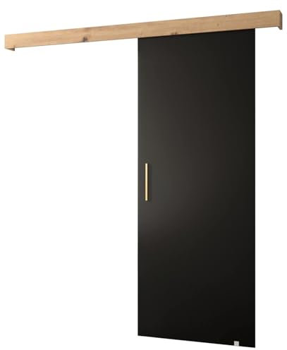 KRYSPOL Schiebetür SALWADOR 1 90cm, Türen, Schlafzimmer, Wohnzimmer, Korridor, Modern Design (schwarz matt/Gitter: Artisan Eiche/Griff: Gold)