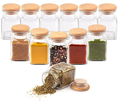 EVADUESS Gewürzgläser mit Holzdeckel, 150ml x 12, Aufbewahrungsgläser, Gewürzdosen, Gewürzset, Gewürzbehälter, Gewürzstreuer, Gewürzaufbewahrung, Gewürz organizer, Küchenorganizer, Zutatenbehälter