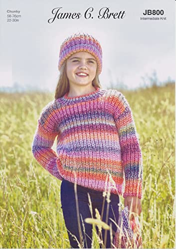 James Brett Childrens Chunky Knitting Pattern Fishermans Rib Sweater Hat & Scarf (JB800)