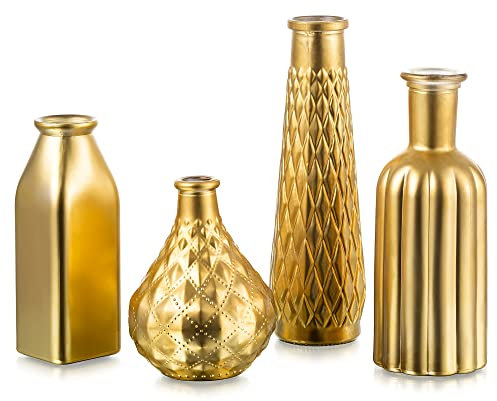 Glasseam Blumenvase Glas Vase Gold, Kleine Vasen Deko, 4er Set Glasvase, Vintage Vasen Klein für Wohnzimmer Tisch, Goldene Flower Vase Schöne Blumenvasen für Weihnachten Schlafzimmer Home Party