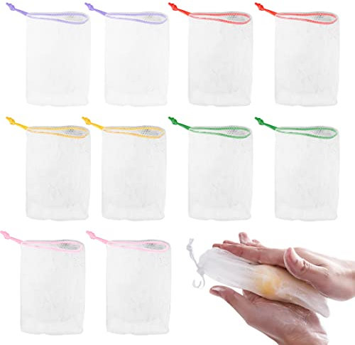 TSLRSA Sac à Savon - 10 Pièces 9 * 12 cm Filets à Savon en Maille, Sac à savon Douche, Pochette a Savon, Poche en Filet de Savon, Sacs à Savon Nylon, Sachets de Savon avec Cordon（couleur aléatoire）