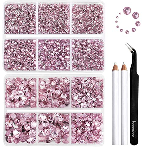 Beadsland 8300 PCS Strass à dos plat,strass roses pour ongles,strass ronds en cristal pour travaux manuels,10 tailles mélangées avec kit de crayon de cire et de pince à épiler,SS3-SS30,Rose Clair