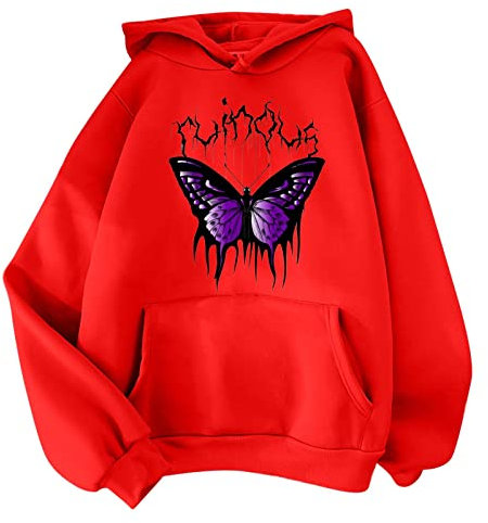 Damen Hoodie Damen süßes Sweatshirt Kawaii Langarm Hoodie Schmetterling Druck Pullover Tops für Teenager Frauen Kleidung mit Tasche Hoodie Damen Kuschelig