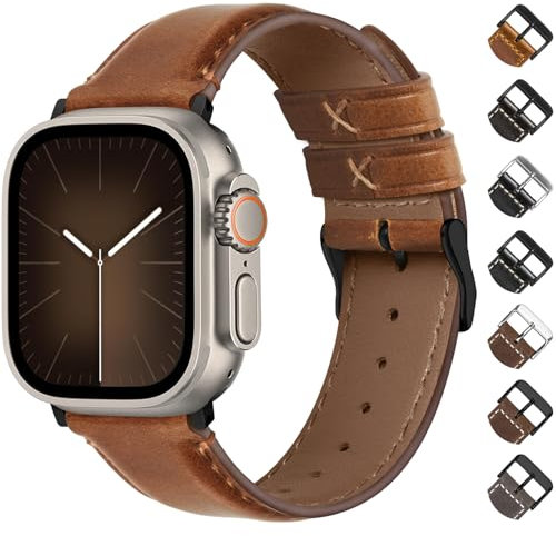 Fullmosa Vera Pelle Cinturino Compatibile Apple Watch Cinturino 44mm 45mm 46mm 49mm 42mm Uomo Donna, Cinturini per Apple Watch Ultra/Ultra 2 SE Serie 10 9 8 7 6 5 4 3 2 1, Marrone+Fibbia Nera