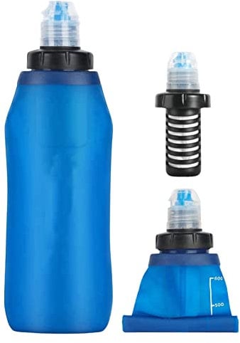 Gourde Filtrante 600ml Filtre À Eau Portable Pliable Extérieur,Purificateur d'eau De Survie d'urgence,Bouteille d'eau Filtrante De Sport pour Camping, Randonnée - Bleu