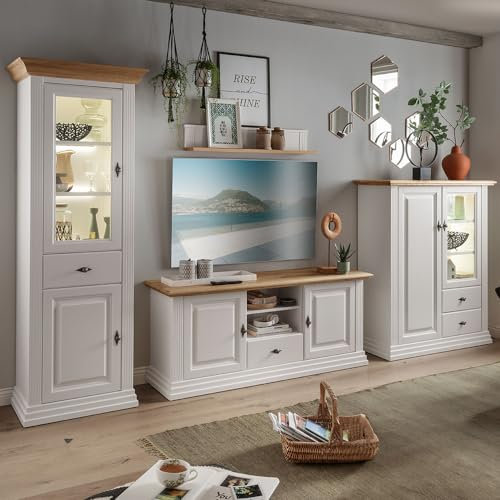 Wohnwand Wohnmöbel Set weiß 4-teilig Landhausstil, 1 Vitrine, 1 Highboard, 1 Lowboard, 1 Wandboard, Beleuchtung