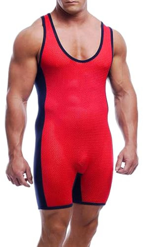 GYMAPE Uomo One Piece Singlets da Wrestling Pesca a Strato di Base Singolo Uniforme da Wrestling Traspirante Pigiama Intimo Rosso-Nero S