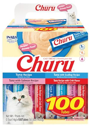 INABA Churu Cat Treats, Lickable, Squeezable Creamy Purée with Vitamin E, 0.5 Ounces per Tube, 100 Tubes Total, Tuna Variety