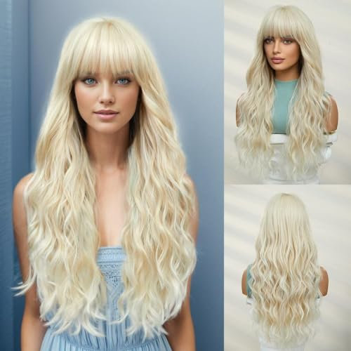 OUFEI Lange Platinblonde Perücke mit Pony Natürliche gewellte Perücken für Frauen Natürliche Synthetische Haare Hitzebeständige Perücken für Tägliche Party Cosplay Tragen
