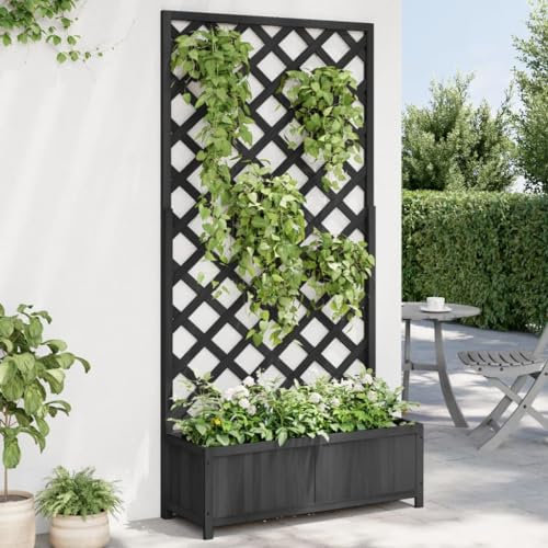 Juroupi Jardinière avec Treillis Noir Bois Massif de Sapin,Jardiniere sur Pieds,Bac avec Treillis,Jardiniere Terrasse