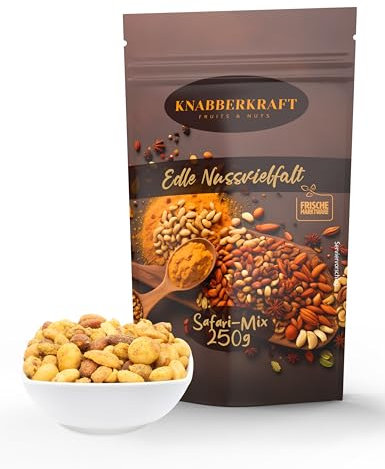 Knabberkraft Safari Mix – Premium Nussmischung inkl: Cashewkerne, Erdnüsse, Mandeln, Pekannüsse, Macadamianüsse - Studentenfutter Nüsse mit exotischen Gewürzen - Gesunde Snacks - 250g