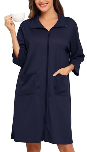 Lovasy Bademantel Waffelpique Damen mit Reissverschluss 3/4 Ärmel Waffelstrick Leichter Morgenmantel Knielang mit Taschen,Marineblau,S