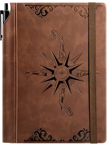 CAGIE Kompass Leder-Notizbuch für Männer, 100 g/m², 288 Seiten, linierte Tagebücher zum Schreiben, A5, Hardcover, Tagebuch, Notizbücher, Geschenk-Set mit Stift für Reisen, Büro, tägliches Schreiben